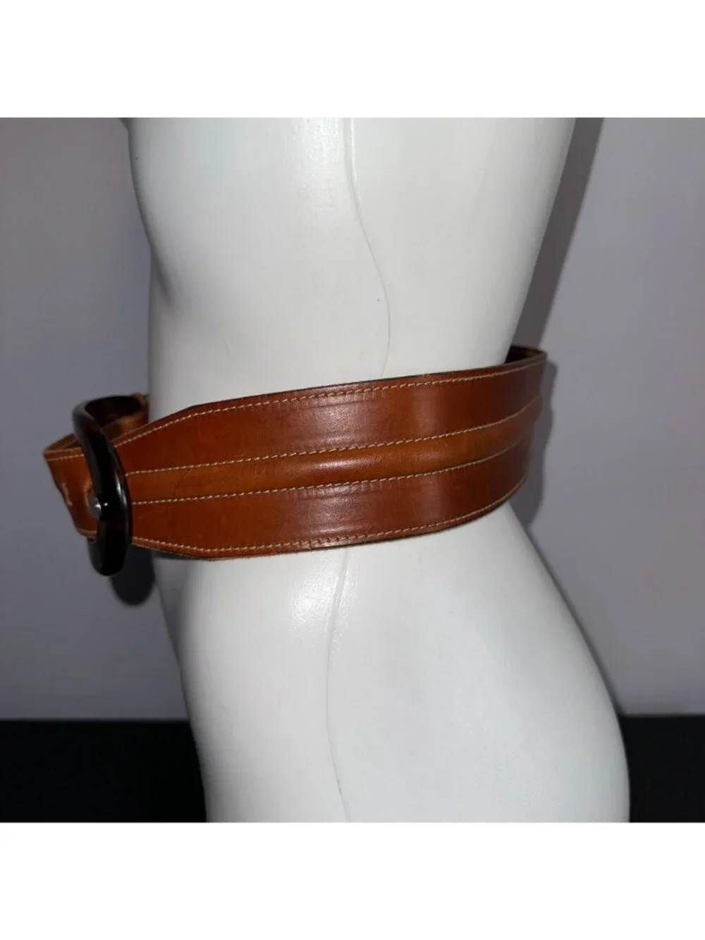 Vintage 90s Minimalist Classic Wide Brown Leather Tortoiseshell Buckle Belt Sz L